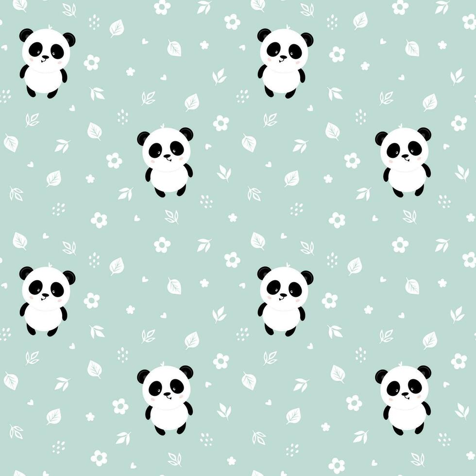 sin costura modelo con linda panda, flores, hojas y corazones. Perfecto para fondo de pantalla, regalo papel, modelo llenar, tela vector