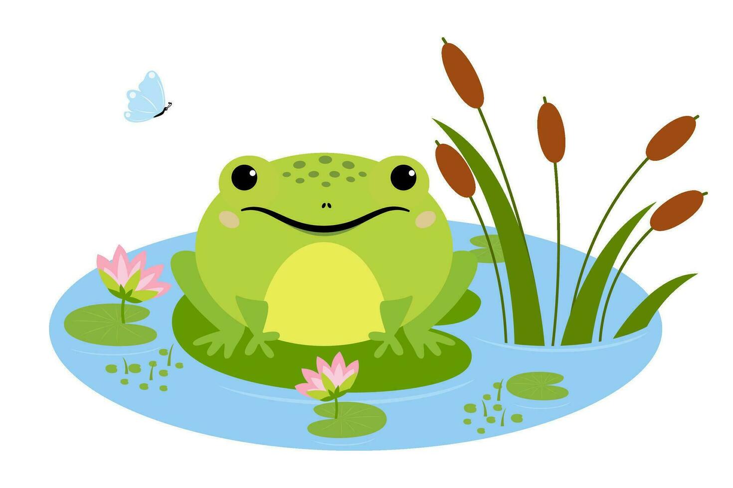 Cartoon frog sitting in pond, cute amphibia. Green toad in natural habitat, froggy water animal in pond with water lilies and butterfly vector