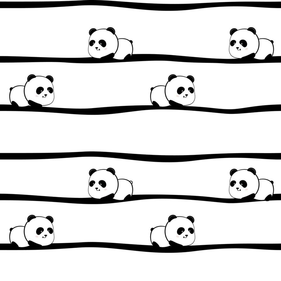 Seamless pattern of cute cartoon panda on strip background, black and white print vector