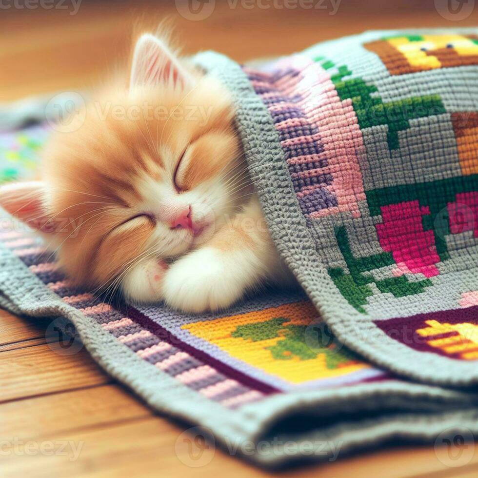 a cat is sleeping wearing a blanket, AI generated. photo