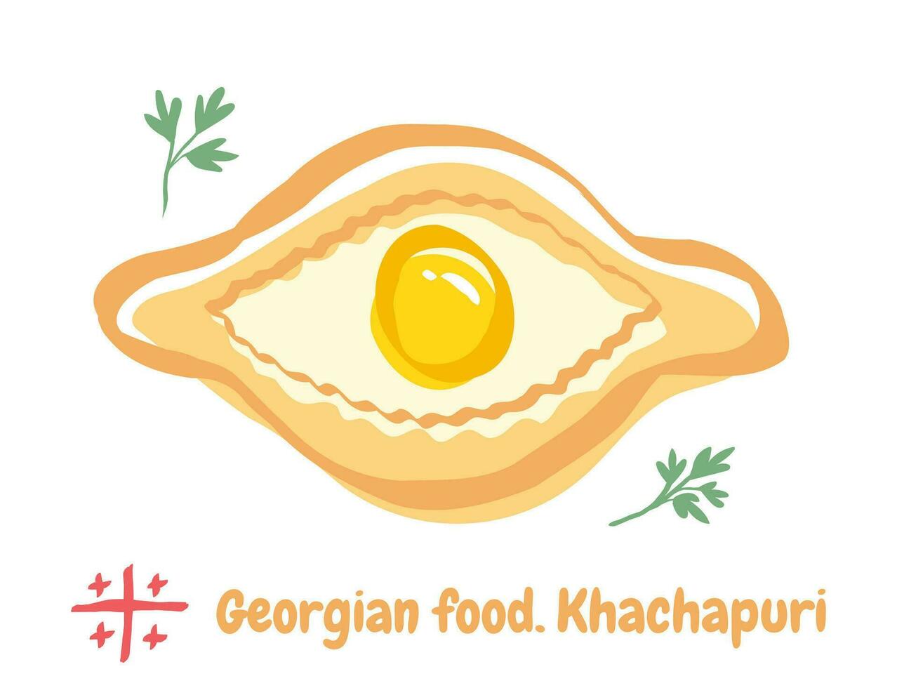 Vector illustration of Georgian food of Ajarian khachapuri in doodle style. Khachapuri, food of Georgia.