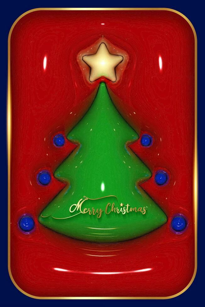 3D Christmas Tree in glossy plastic design, three-dimensional glowing card, bright green fir for cover, invitation, calendar, party, label, fashion vector illustration on shiny red background