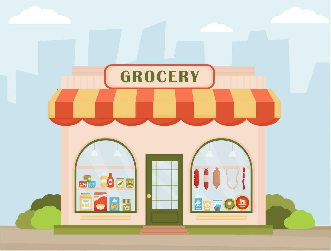 Grocery shop. Facade of a store. Grocery building facade on the street. Showcases with milk, cheese, sousage, canned food, cereal. . Flat vector illustration.