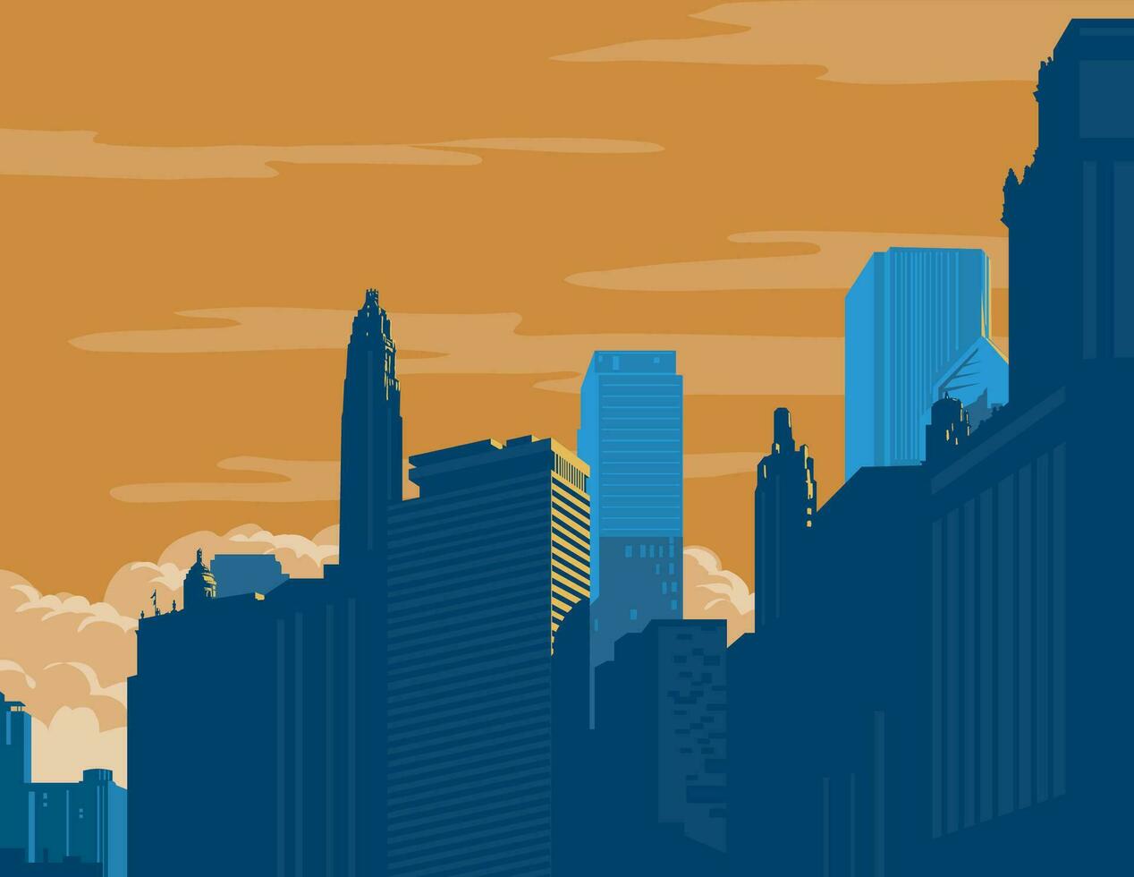 Chicago City Skyline with Skyscrapers Along the Chicago River Illinois WPA Poster Art vector