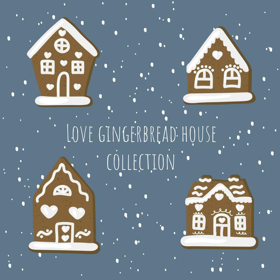 Love gingerbread house collection with snowfalls on the background. Hand drawn set of traditional holiday pastry. Winter doodles buildings with hearts vector
