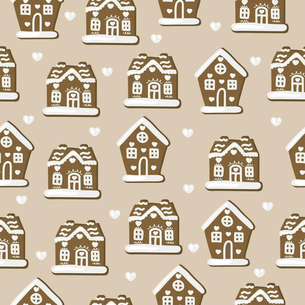 Seamless pattern with hand drawn gingerbread houses. Background with traditional Christmas pastries. Winter doodles for New Year and Valentine's Day vector