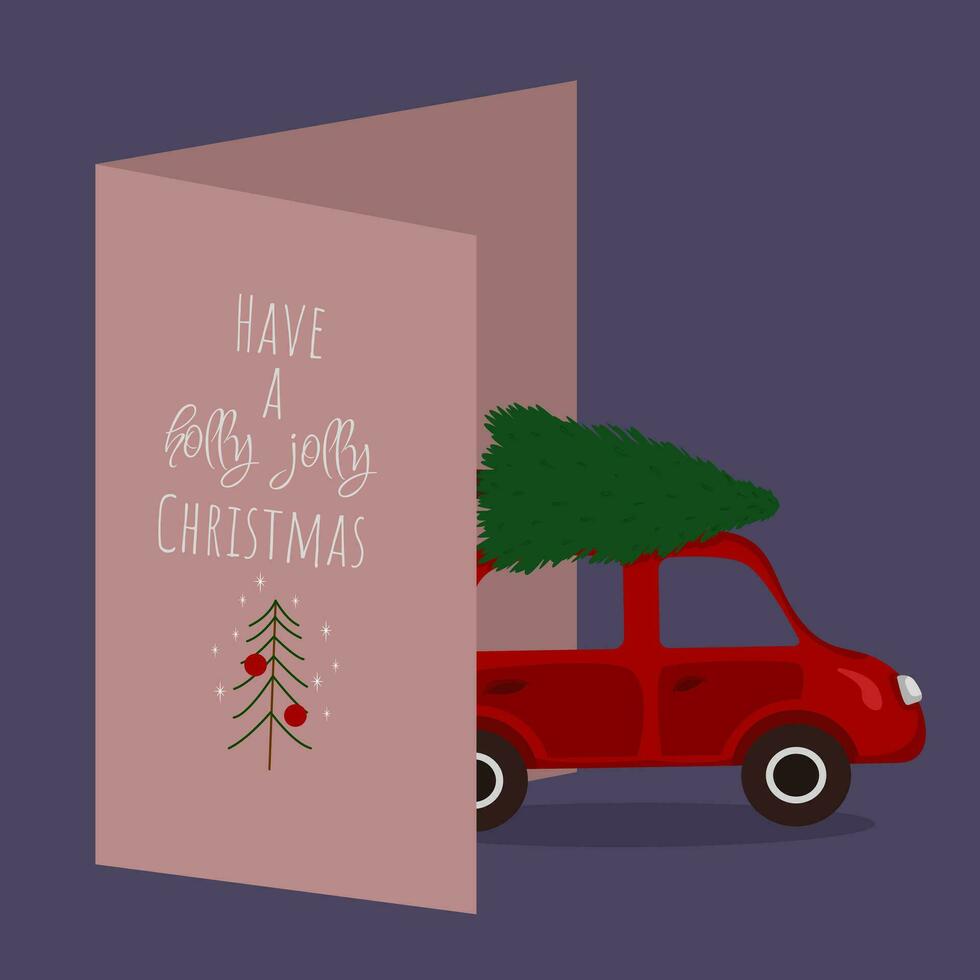 Greeting card with a red car driving with a tree on the roof. Have a holly jolly Christmas banner. Festive winter card with evergreen and snowflakes decorated with toys vector