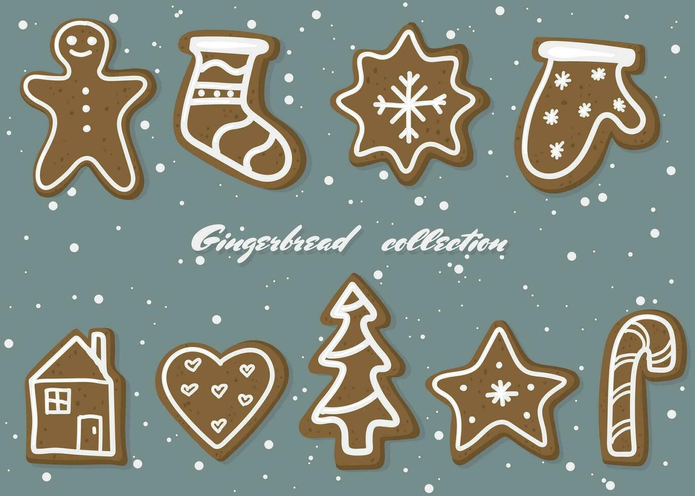 Collection with hand drawn gingerbread bakery. Christmas doodles on a blue background with snowflakes. Set of traditional holiday pastry vector