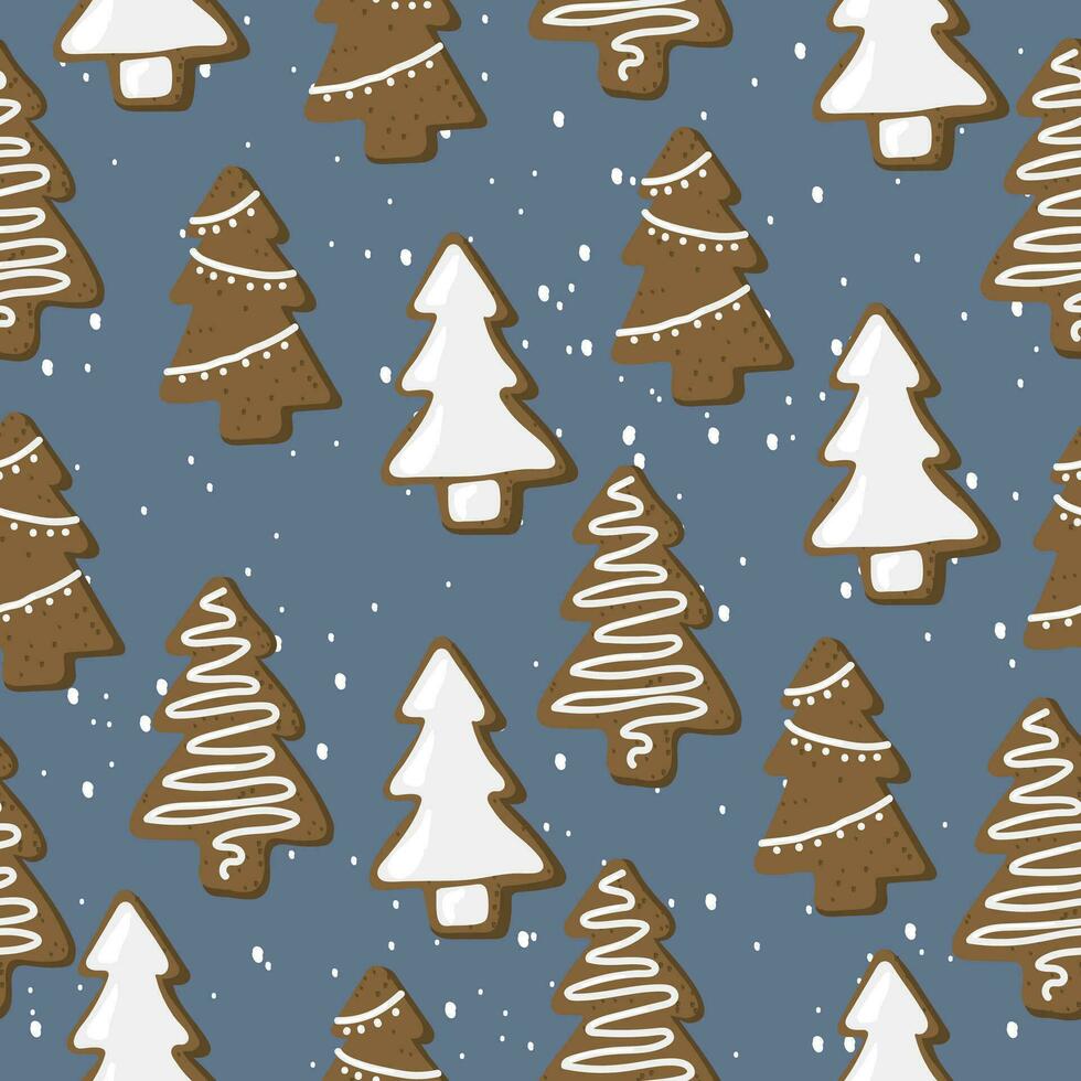 Seamless pattern with hand drawn Christmas gingerbread trees with glaze. Background with traditional holidays pastries. vector