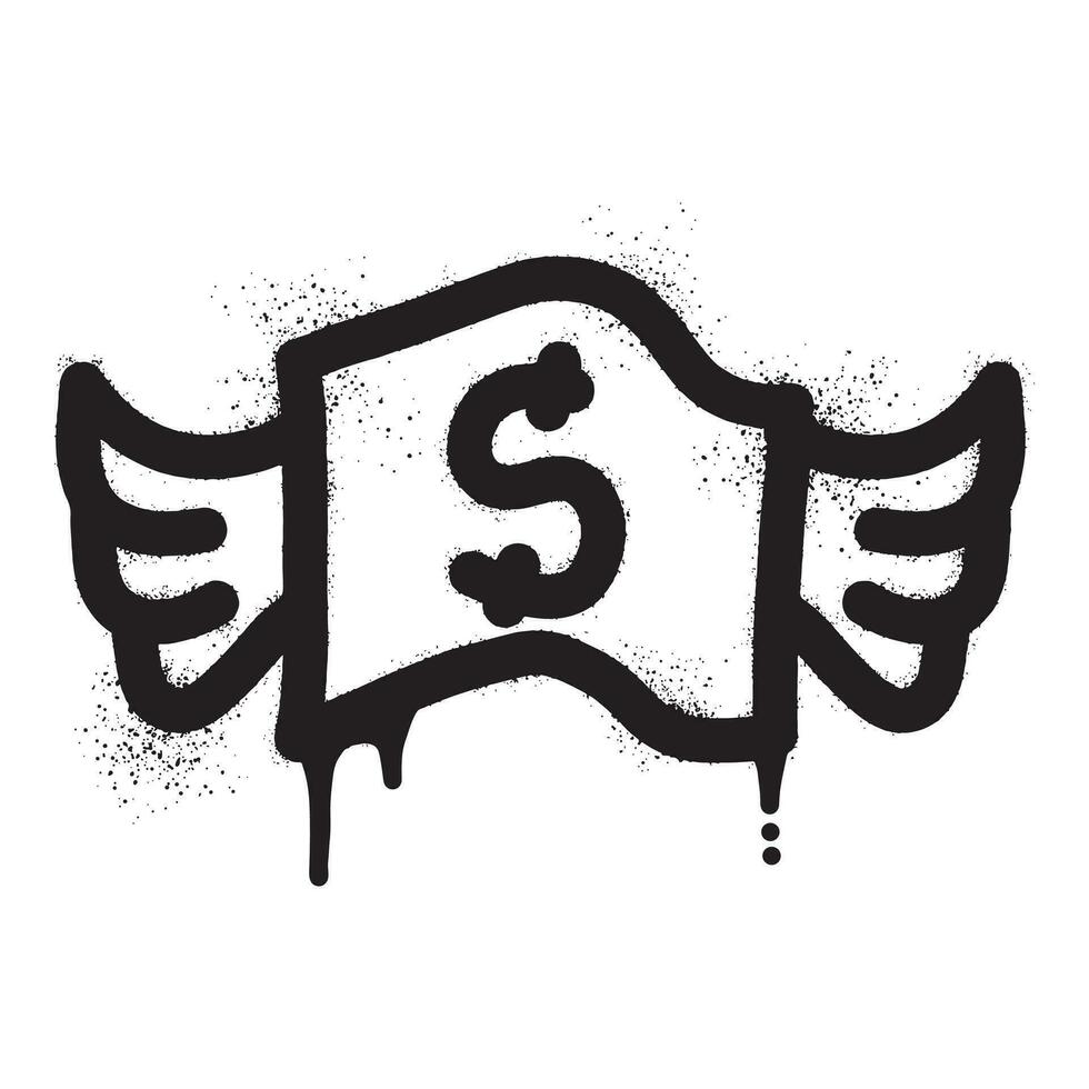 Money graffiti with wings drawn with black spray paint vector