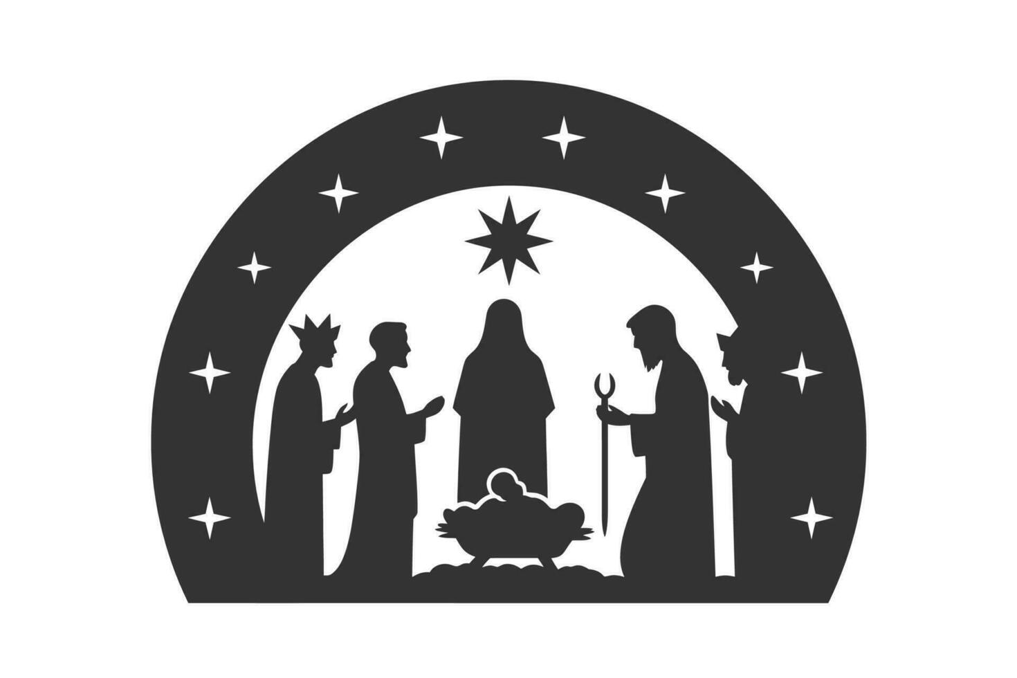 Baby jesus and three kings Minimalist stencil. Vector illustration design.