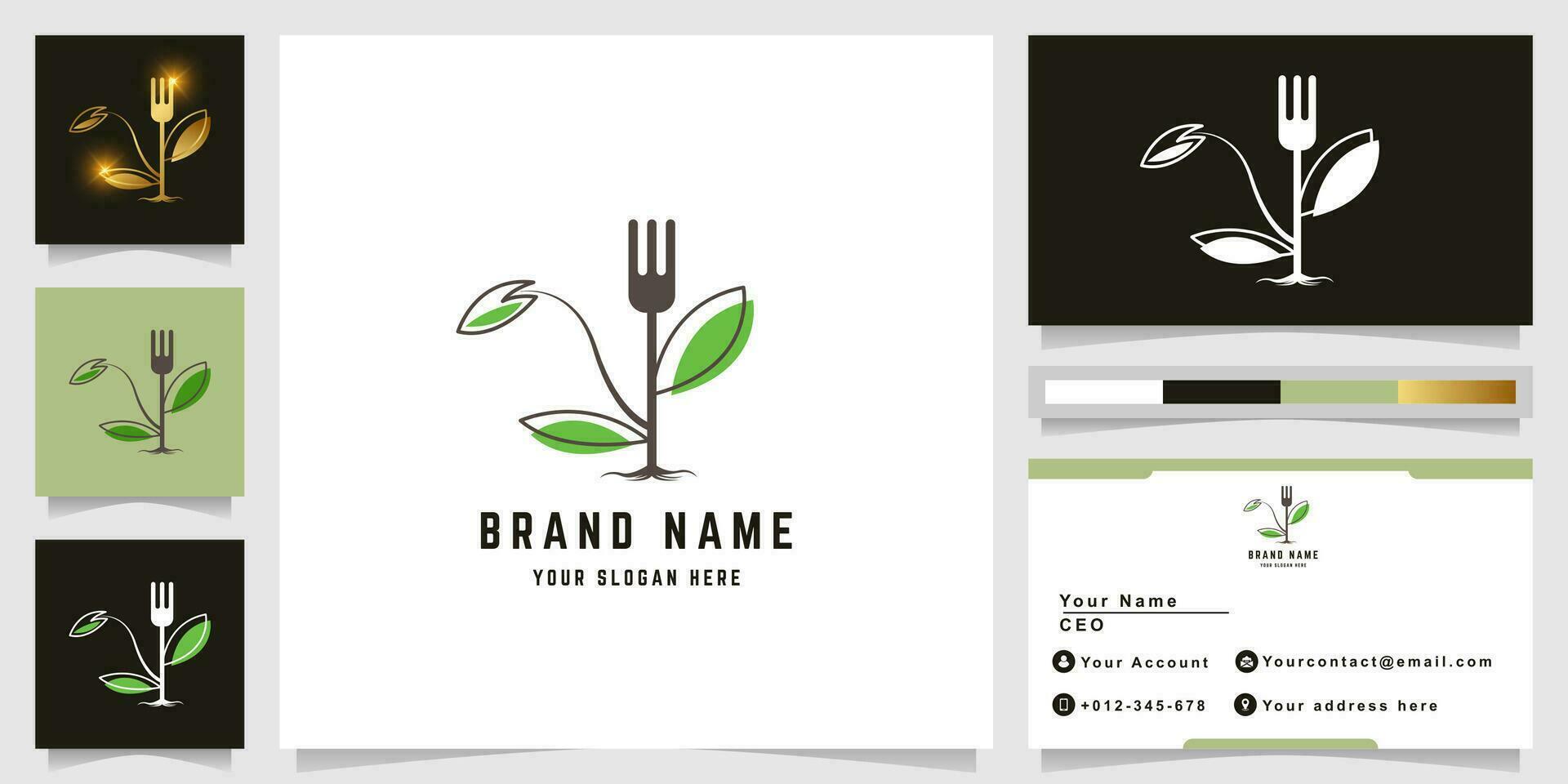 Restaurant or fork nature logo with business card design vector