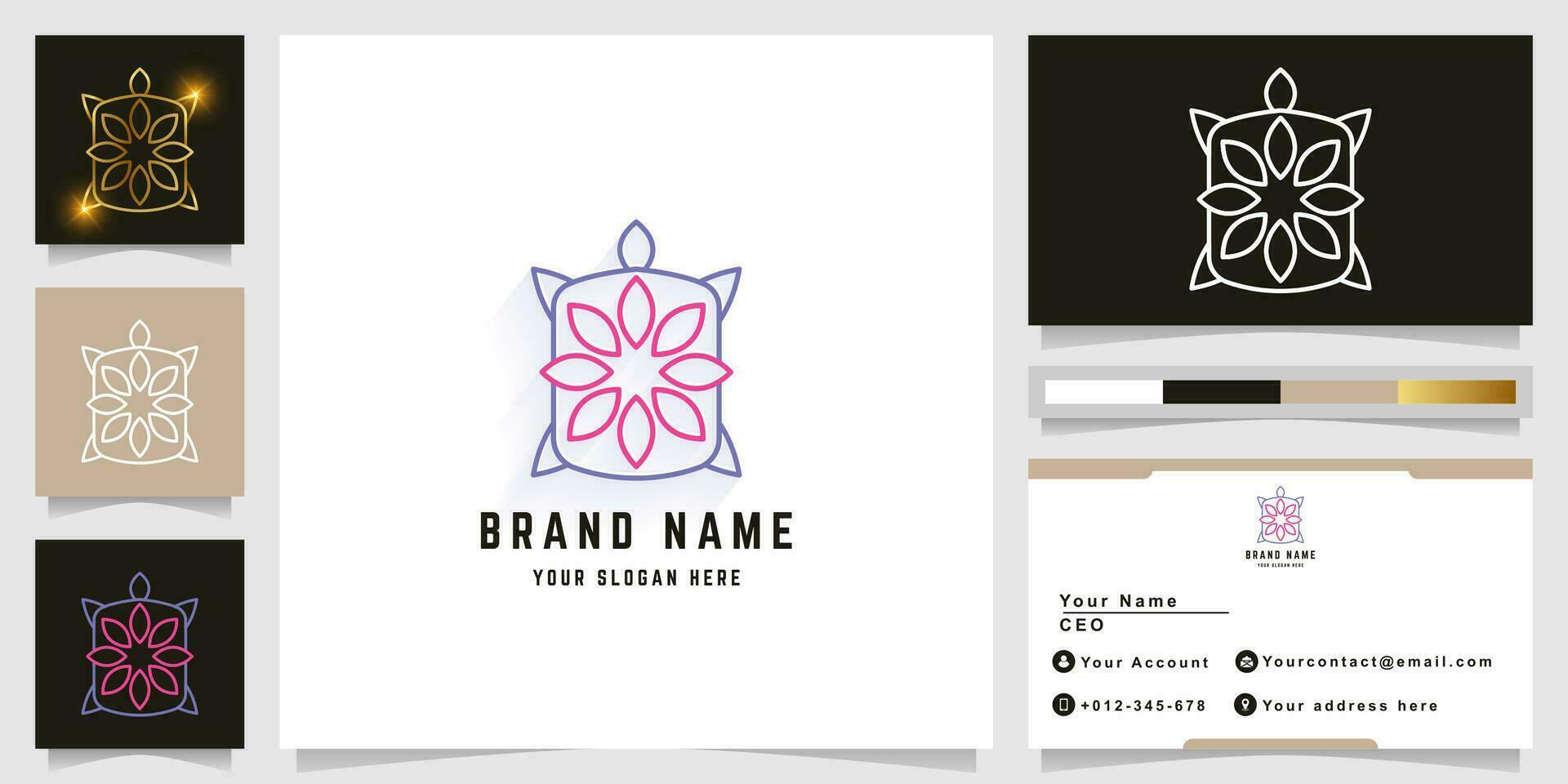 Tortuga y flor logo con negocio tarjeta diseño vector
