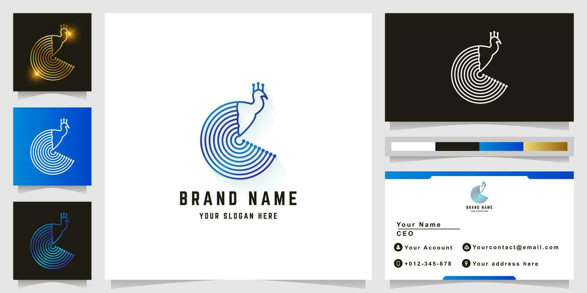 Peacock tech line logo with business card design vector