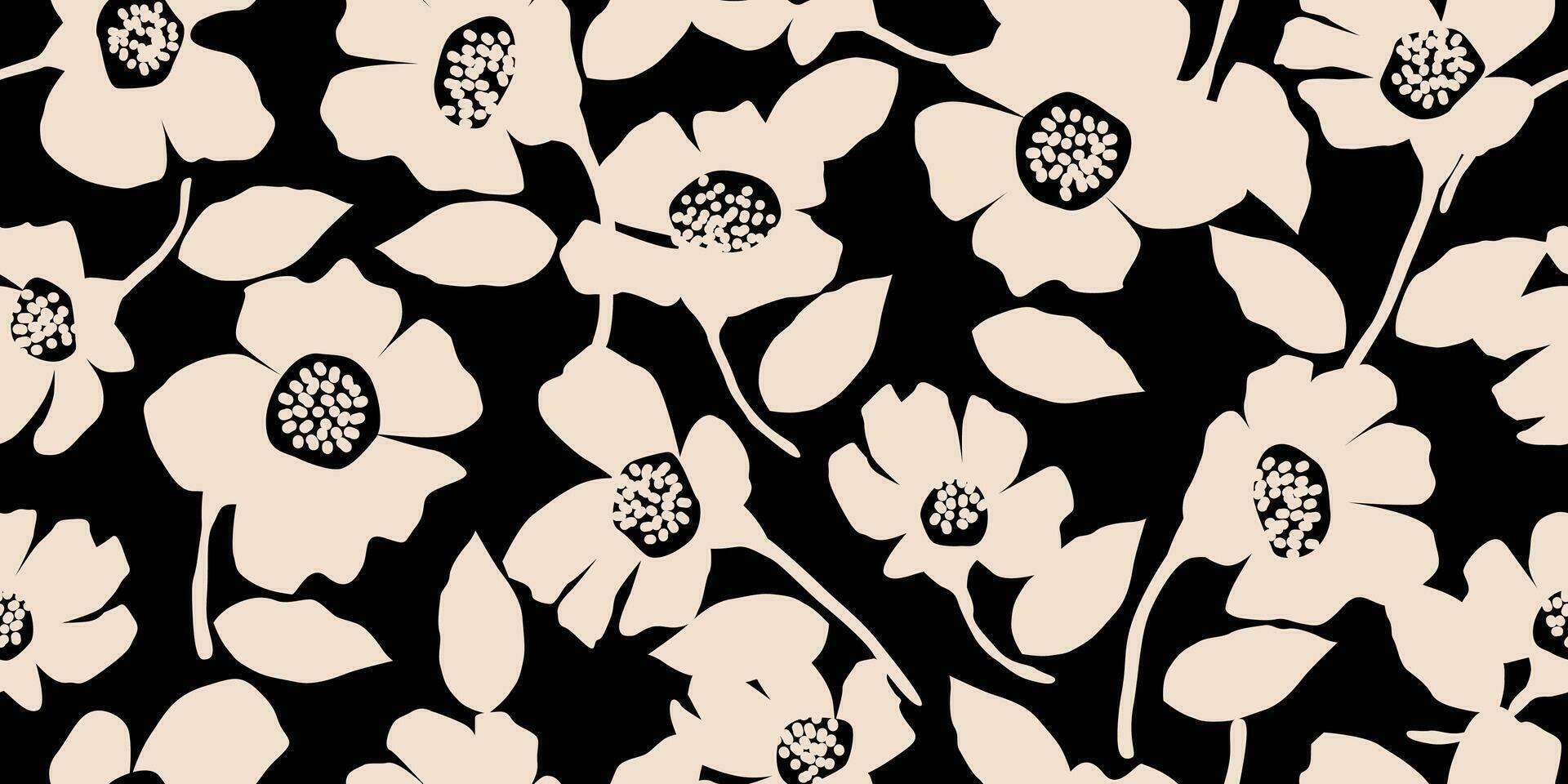 Flower seamless background. Minimalistic abstract floral pattern. Modern print in black and white background. Ideal for textile design, wallpaper, covers, cards, invitations and posters. vector