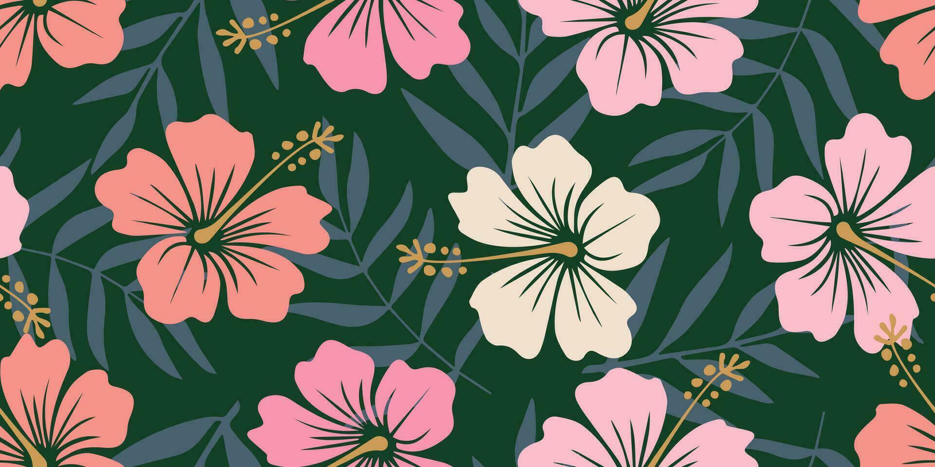 tropical flor modelo sin costura, silueta de hibisco flores, mano dibujado botánico, floral hoja para primavera y verano tiempo, natural adornos para textil, tela, fondo de pantalla, antecedentes diseño. vector