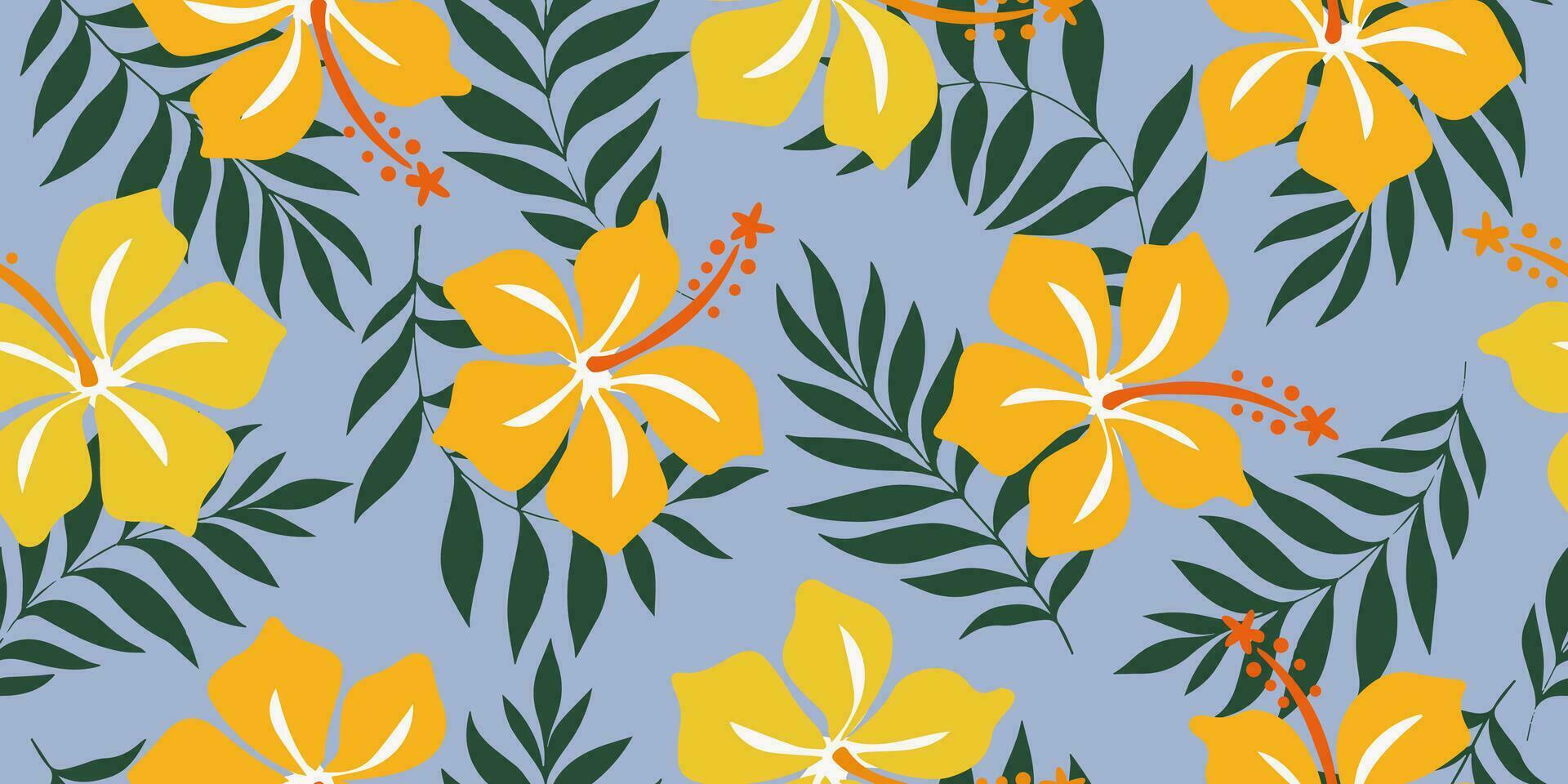 Tropical flower pattern seamless, silhouette of hibiscus flowers, hand drawn botanical, Floral leaf for spring and Summer time, natural ornaments for textile, fabric, wallpaper, background design. vector