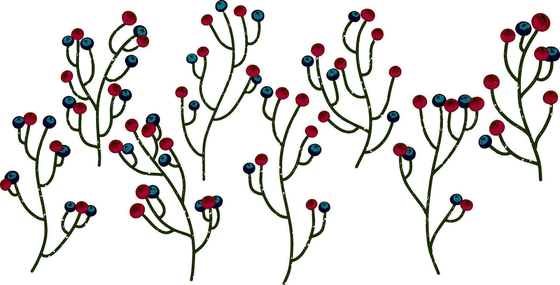 a group of red and blue flowers with leaves vector