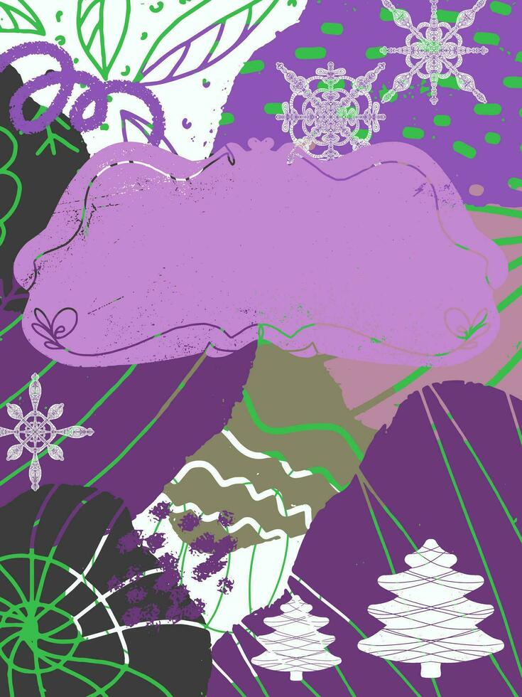 a purple and green background with a frame and snowflakes vector