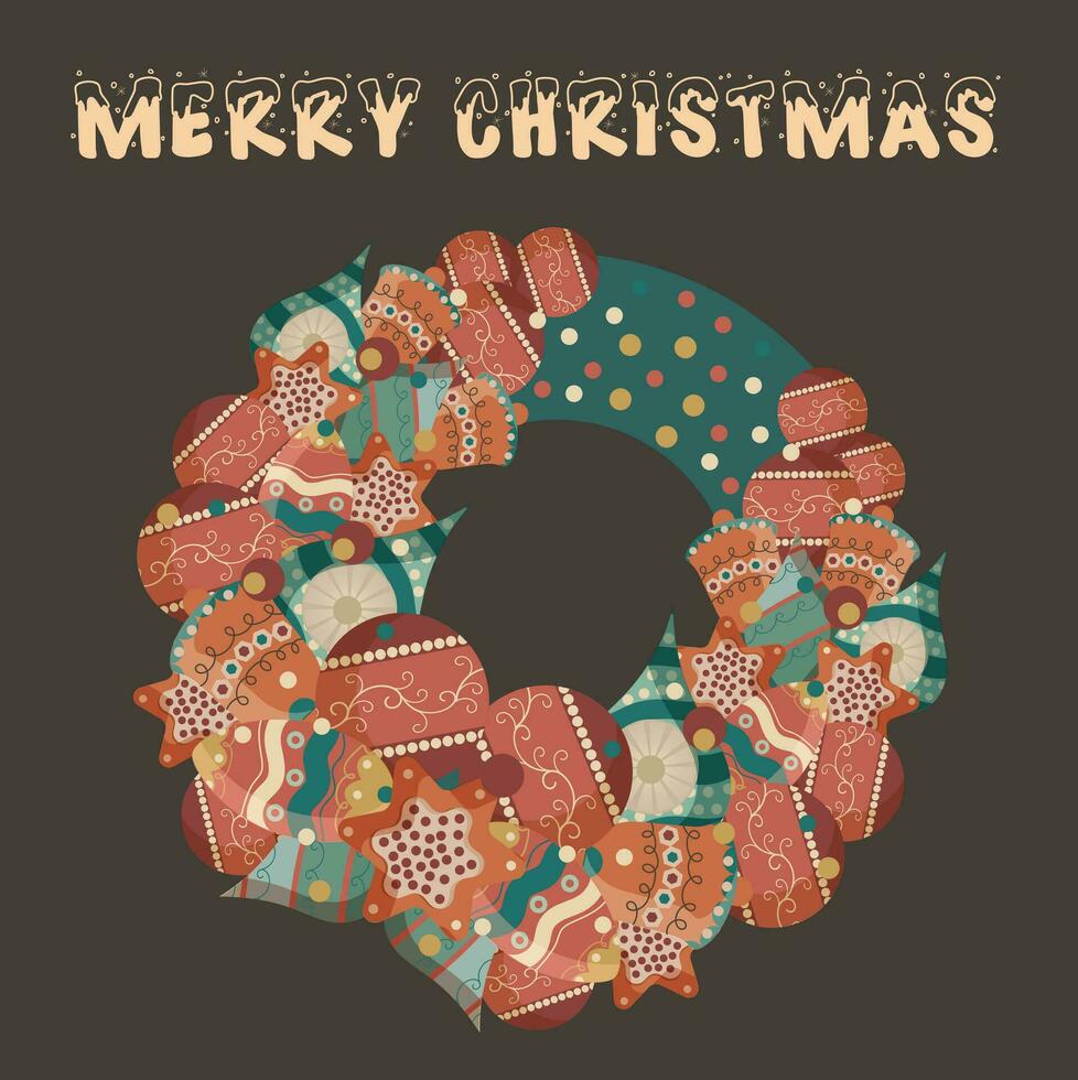 Christmas card in retro style with New Year's wreath vector