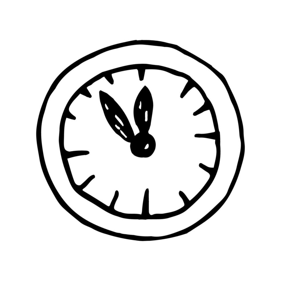 Hand drawn new year clock on a white background. Vector illustration in doodle styl