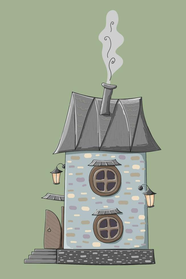Fabulous cozy house isolated on a green background. Vector illustration of a doodle.