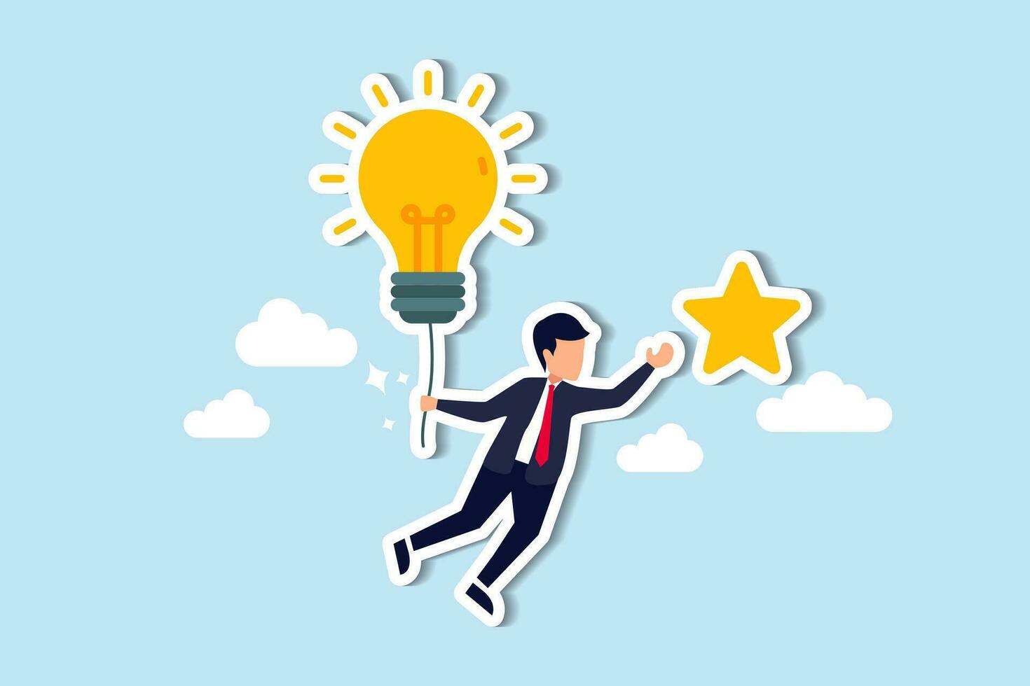 Creativity or innovation to help reach business goal, lightbulb idea to success, leadership to get solution to achieve goal, smart businessman flying with lightbulb idea to catch star in the sky. vector