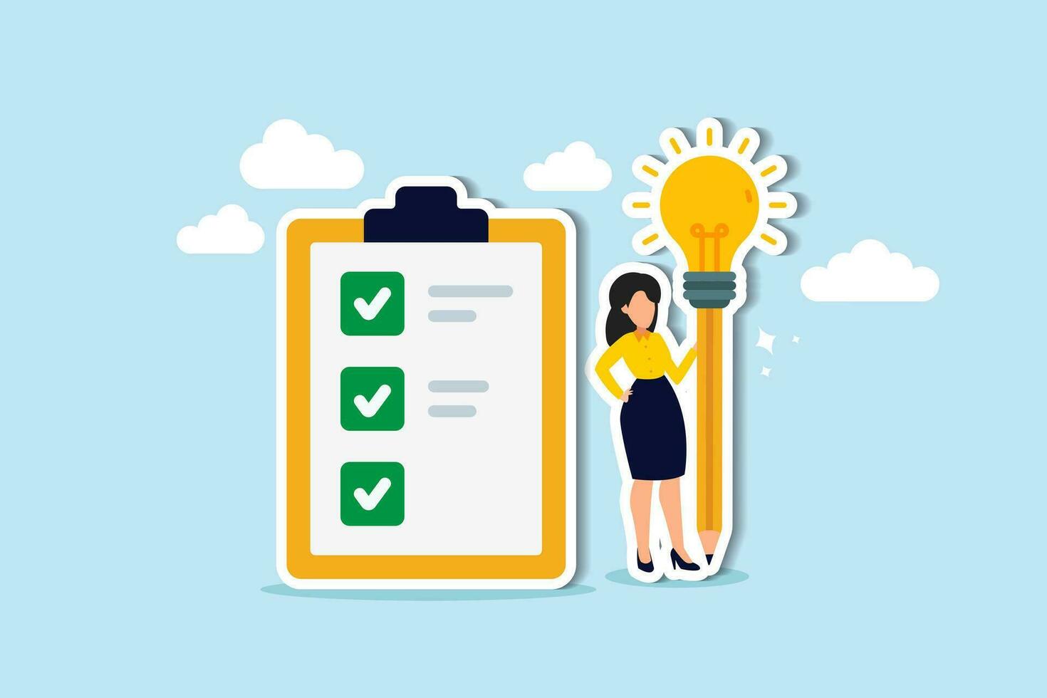 Survey or feedback opinion, checklist of completion or questionnaire form, evaluation or assessment review, checkbox clipboard concept, businesswoman complete survey with lightbulb pencil. vector