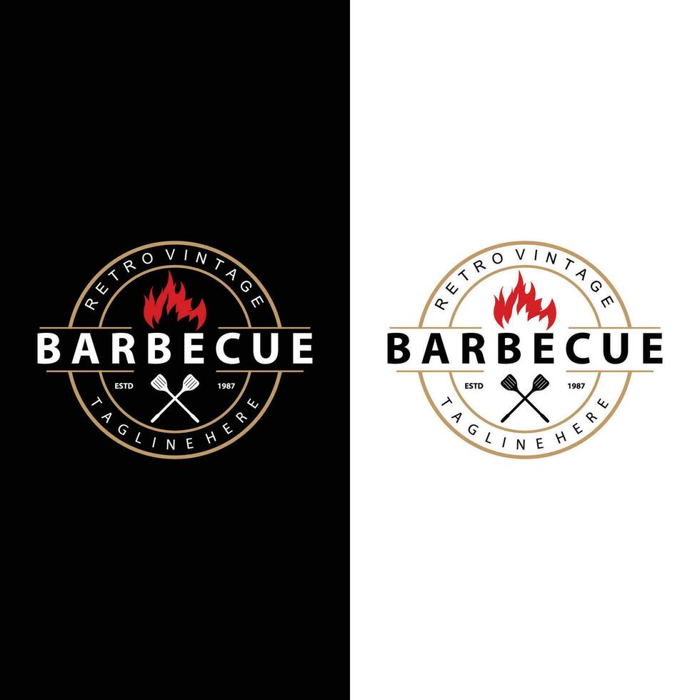 Barbeque logo design bar restaurant hot grill fire logo and spatula simple illustration vector