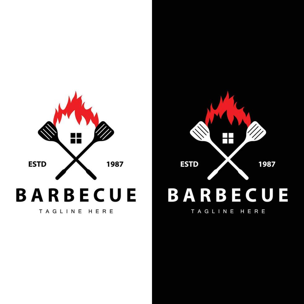 parrilla logo diseño bar restaurante caliente parrilla fuego logo y espátula sencillo ilustración vector