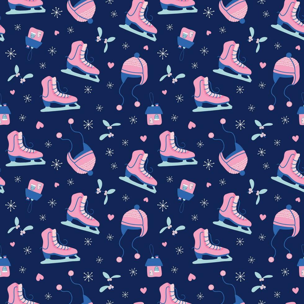 Cute New year and Christmas seamless pattern. Beautiful Winter background. Hand drawn skates, hats, mistletoe, snowflakes on navy backdrop. Flat style vector print for paper, textile, greeting card.