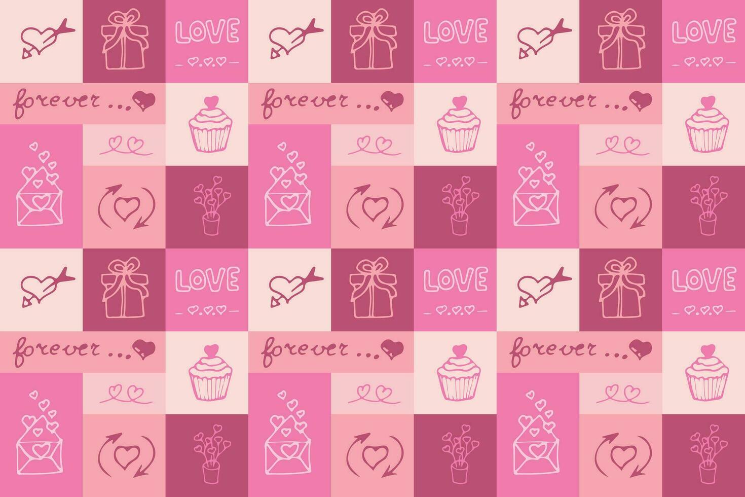 Valentine's Day seamless pattern in doodle style in squares. Print for wallpaper, stationary, wrapping paper, textile prints, packaging, etc. Vector illustration