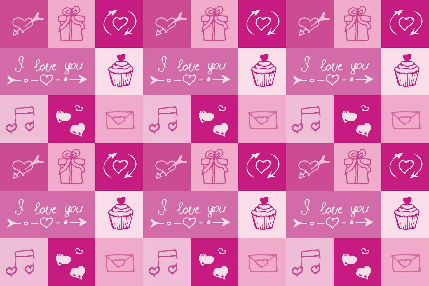 Valentine's Day seamless pattern in doodle style in squares. Print for wallpaper, stationary, wrapping paper, textile prints, packaging, etc. Vector illustration