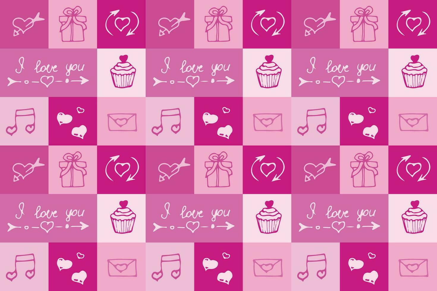 Valentine's Day seamless pattern in doodle style in squares. Print for wallpaper, stationary, wrapping paper, textile prints, packaging, etc. Vector illustration