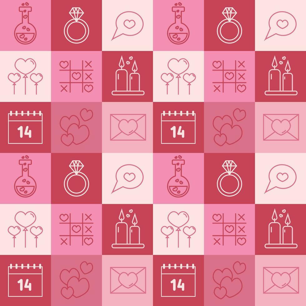 Valentine's day checkered seamless pattern with icons for wallpaper,  stationary, wrapping paper, textile prints, packaging, etc. vector