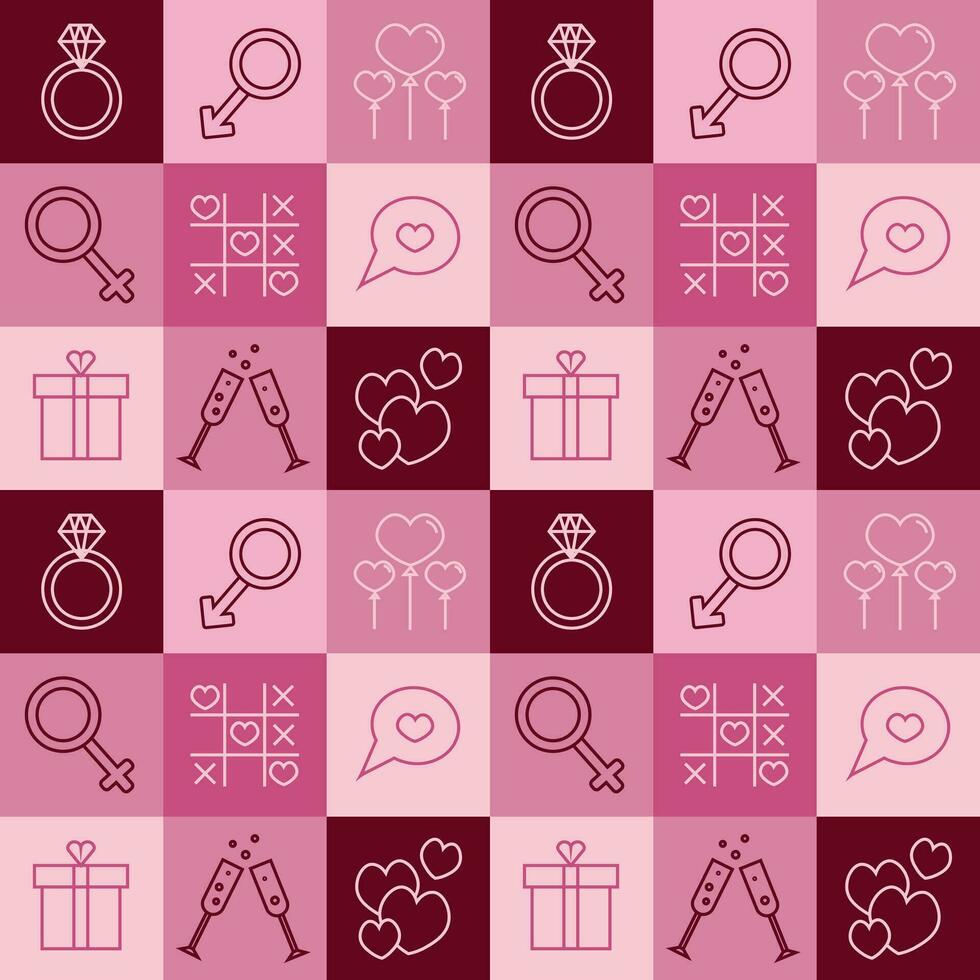 Valentine's day checkered seamless pattern with icons for wallpaper,  stationary, wrapping paper, textile prints, packaging, etc. vector