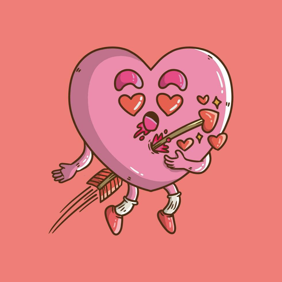 linda dibujos animados vector ilustración de rosado corazón personaje golpear por cupido flecha. linda amor símbolos mascota ilustración