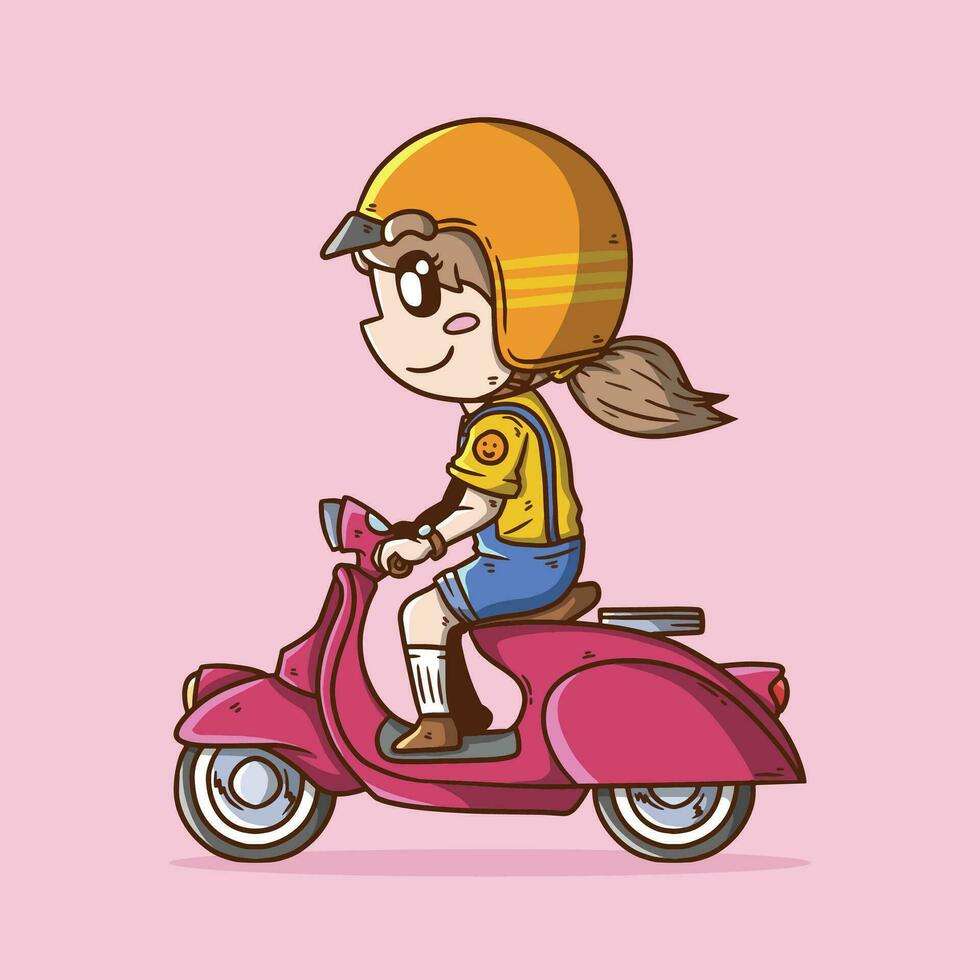 linda niña dibujos animados vector ilustración montando magenta retro Clásico clásico scooter. retro clásico scooter bicicleta vector.