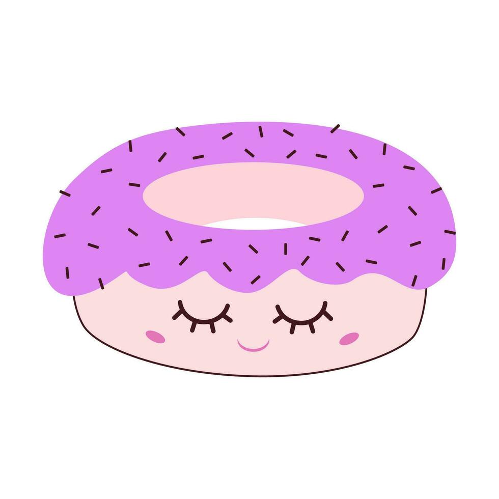 linda kawaii rosquilla, púrpura personaje con grande ojos, crema donas, dibujos animados Pastelería aislado en blanco antecedentes. vector