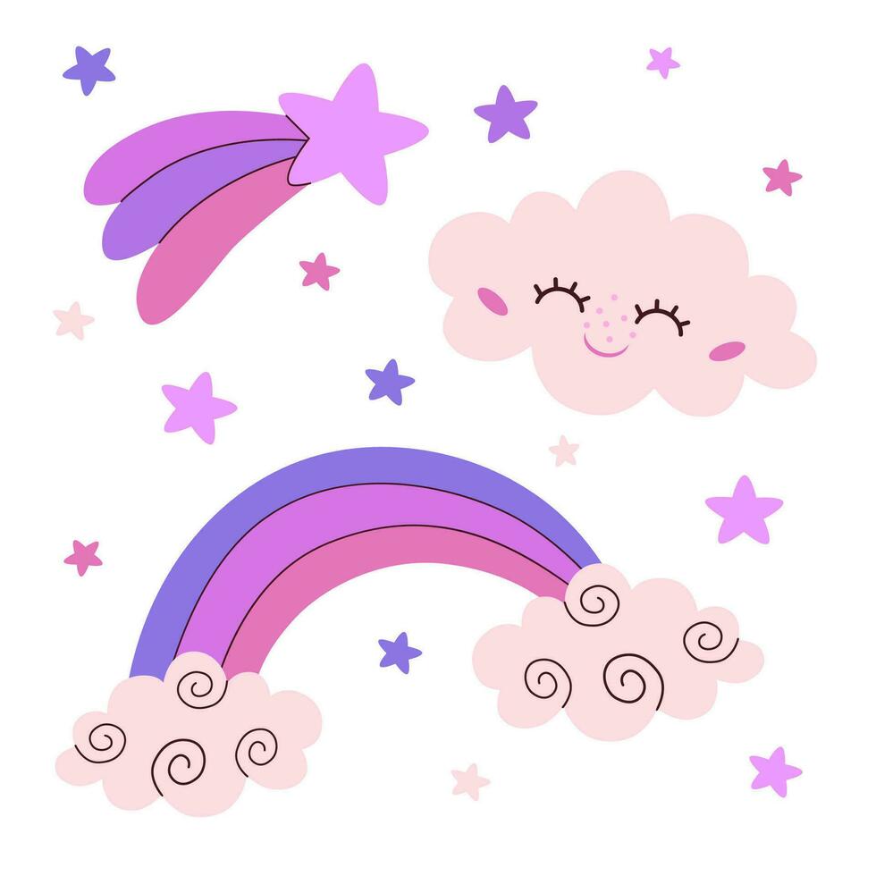 Magic set of star, clouds and rainbow, magic cloud character, cute objects to decorate celestial designs. Collection of cute celestial objects for children's designs, creating patterns. vector