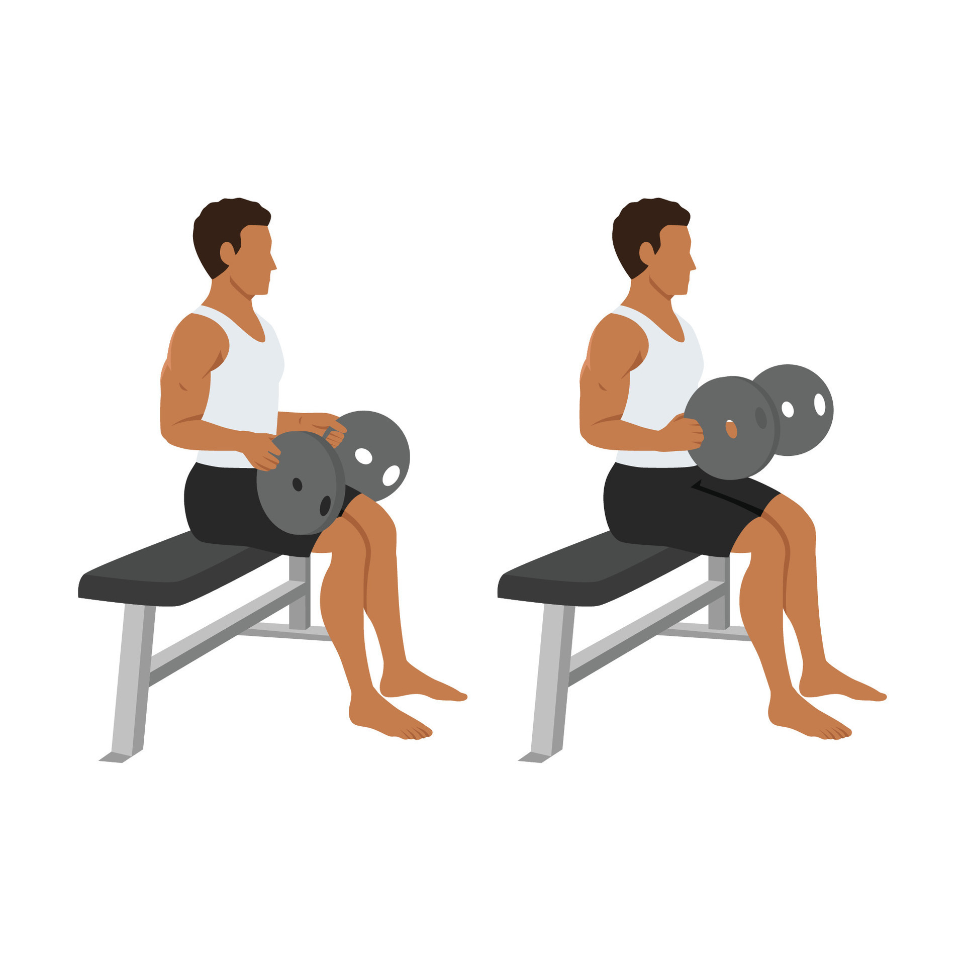 Man doing seated weight plate palm down wrist curls or forearm curls or