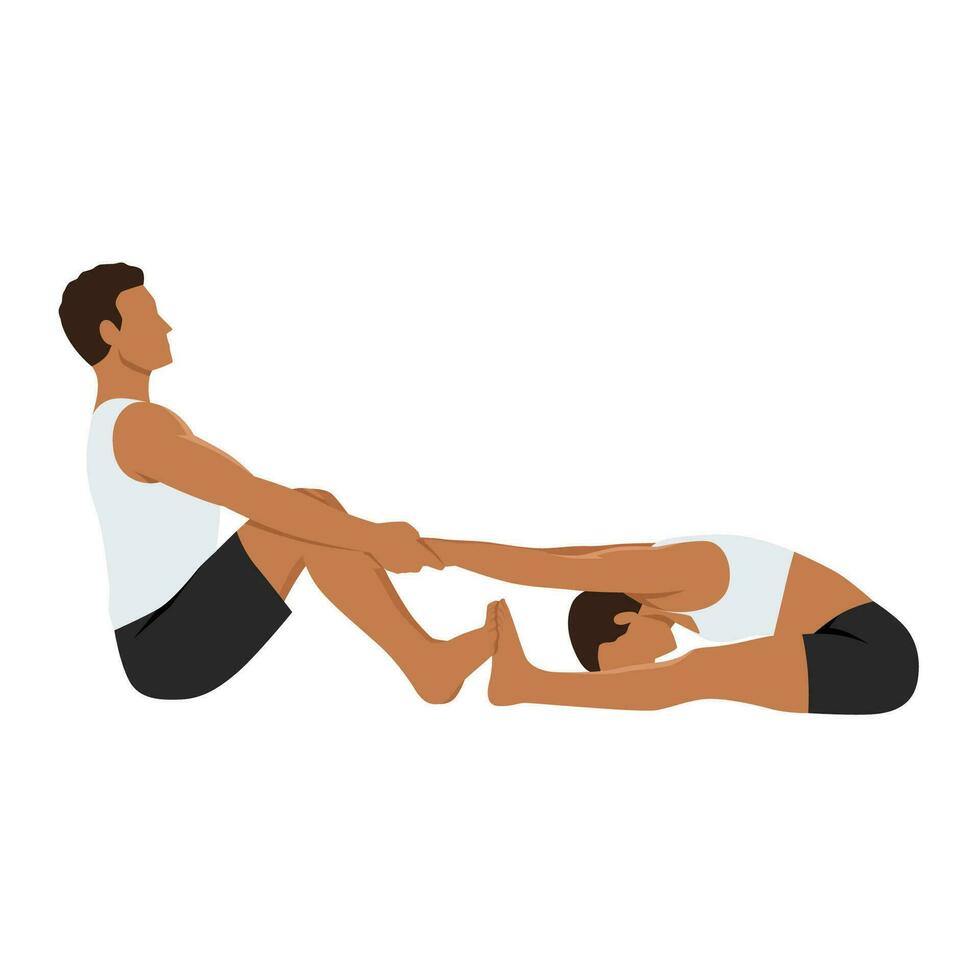 Young couple doing seated forward bend pose , paschimottanasana yoga exercise. vector