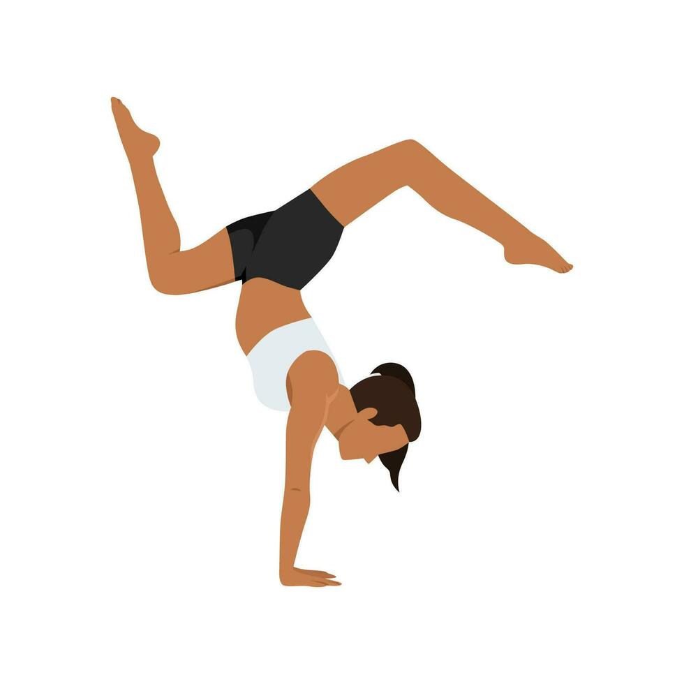 mujer haciendo adho mukha vrksasana ejercicio, hacia abajo frente a árbol pose. vector