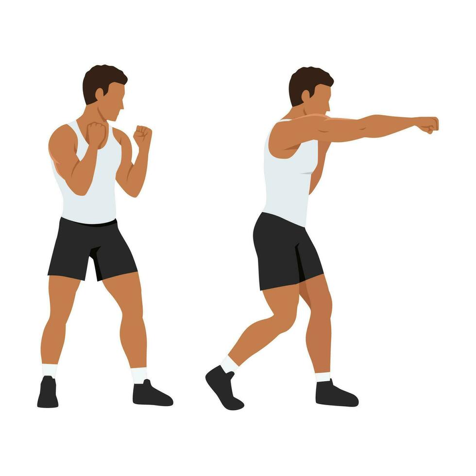 Man doing right hand cross exercise. Training boxing. vector