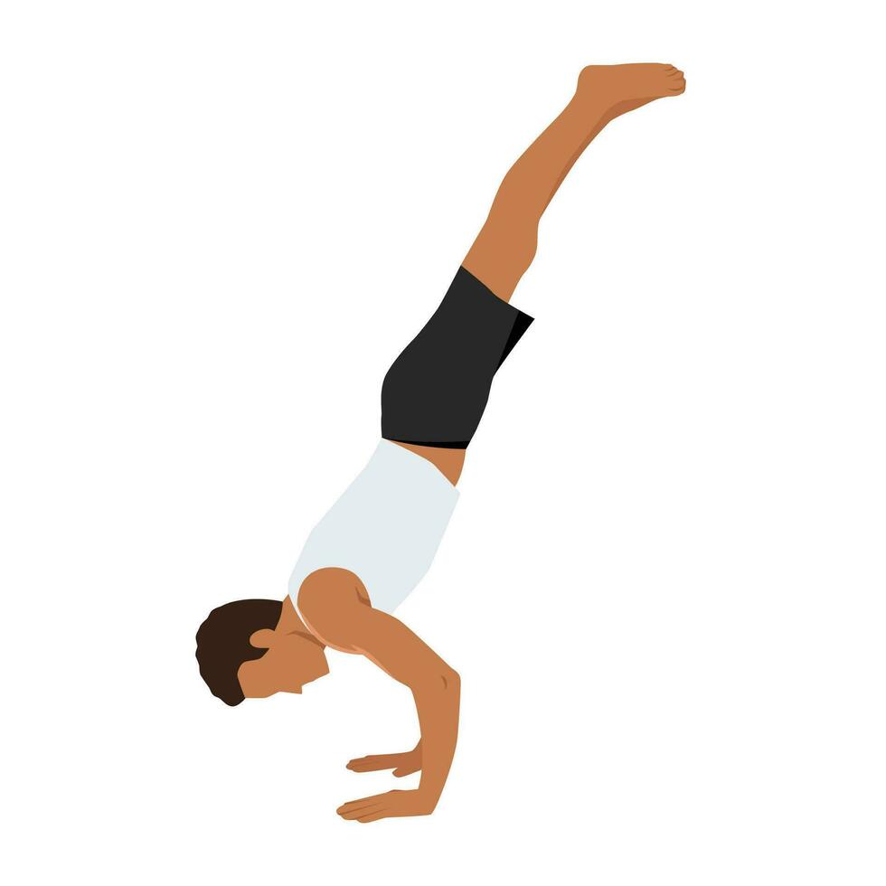 Young man practicing yoga handstand exercise. vector