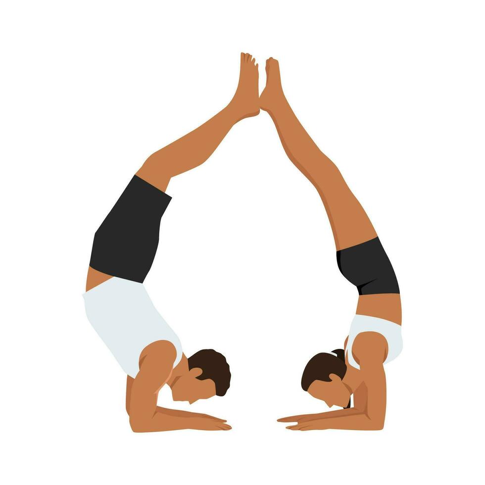 Young couple doing acro yoga exercise. Hand stand with legs on each other. vector