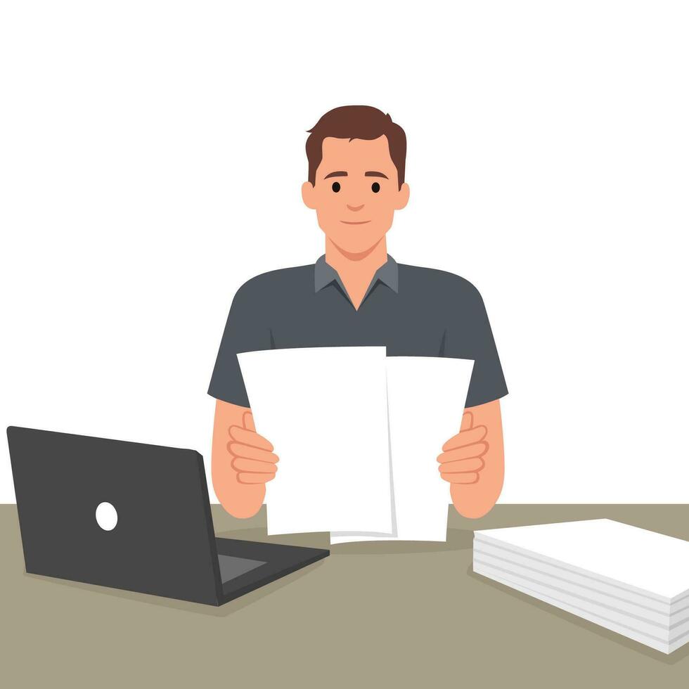 Young man looking through paper documents, satisfied with research results. Smiling male accounting manager reviewing financial report. vector