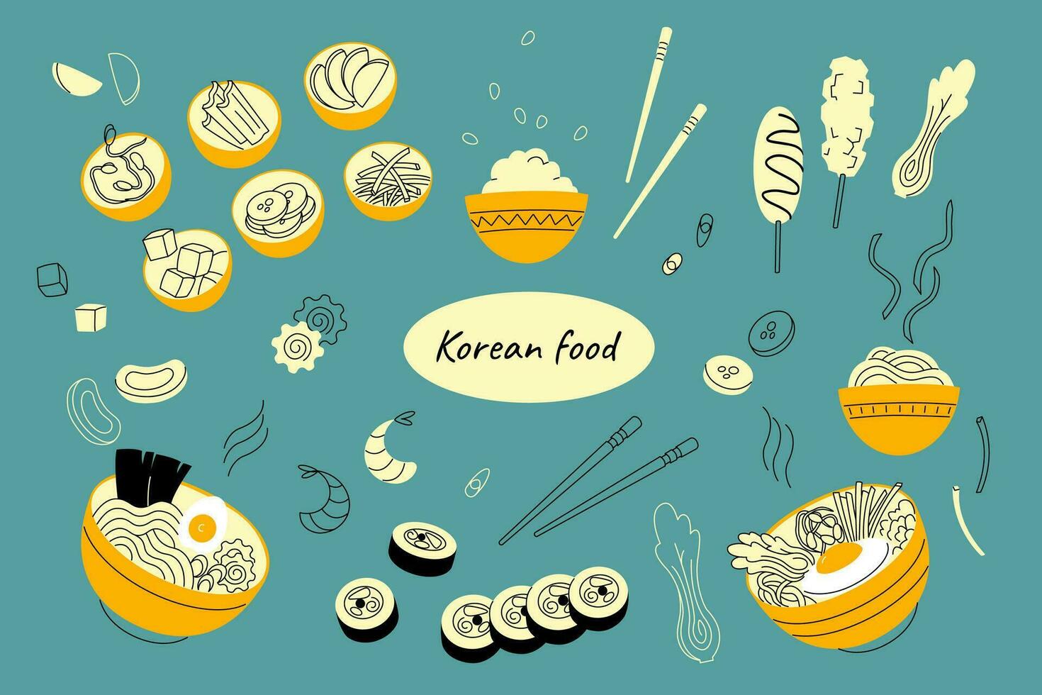 coreano comida plano vector ilustración conjunto tradicional platos ramen bibimbap kimchi en escabeche bocadillo