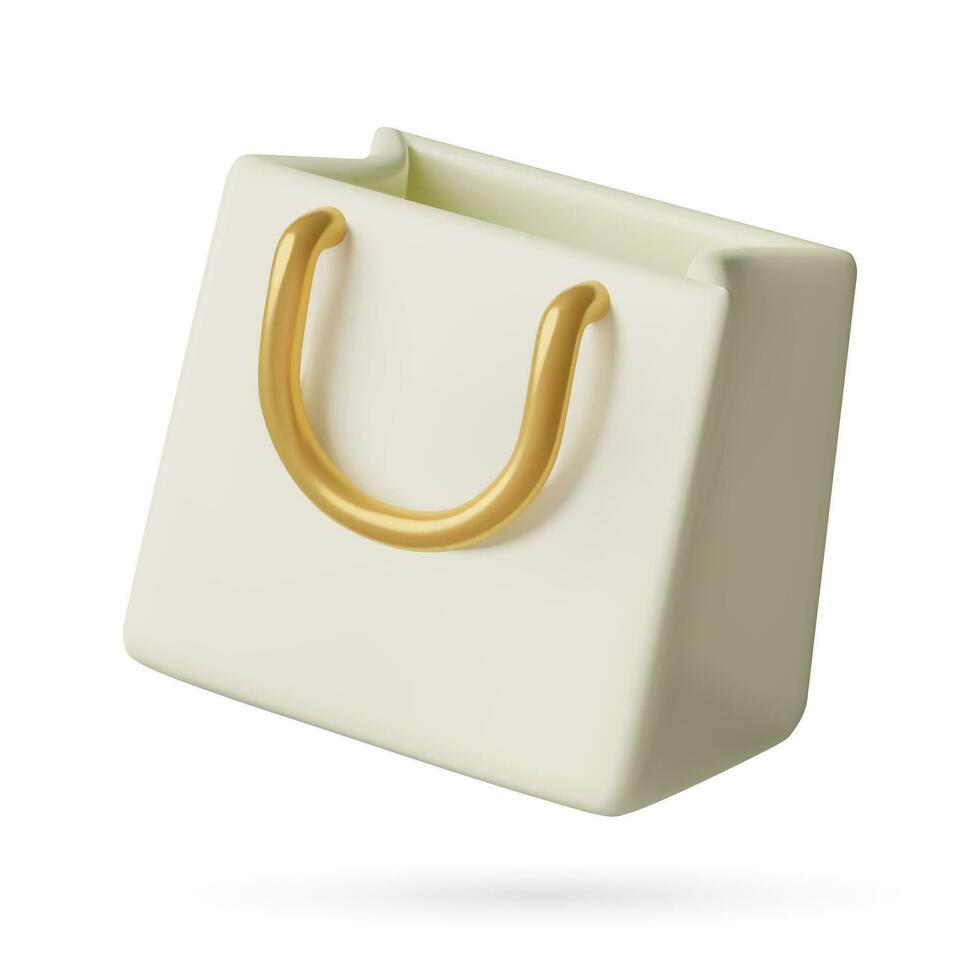 3D render of shopping bag icon Glossy plastic minimal toy white shopper with luxury golden handles vector