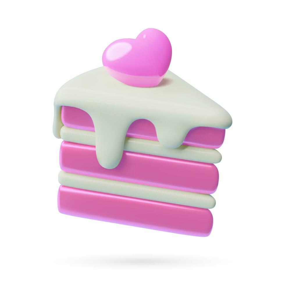 3d pink cake piece with heart Valentine's day or wedding dessert icon Holiday vector design element